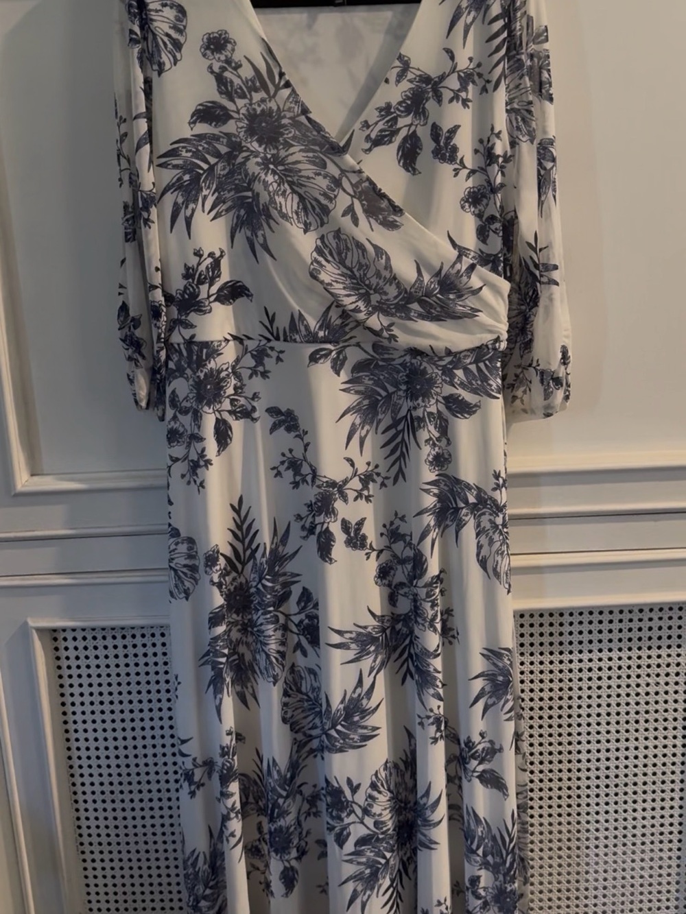 Floral Wrap Maxi Dress - White with Navy Print